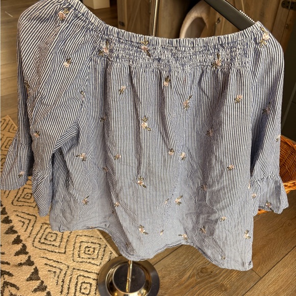 Westport Blue Pinstripe Blouse with Floral Details - Picture 3 of 4